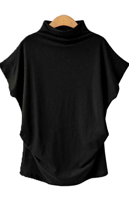 Tricou dama, guler inalt, maneca scurta, negru, casual, poliester