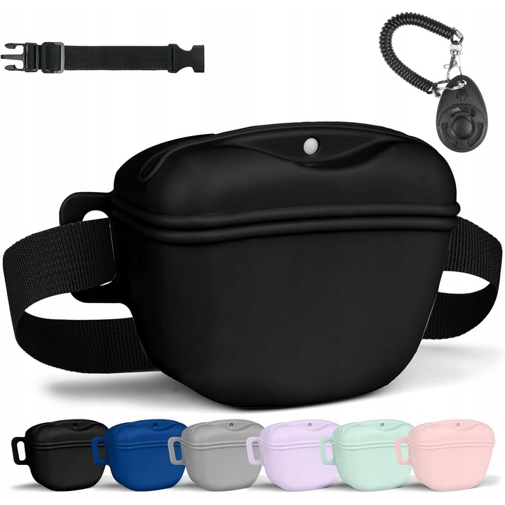 Geanta pentru gustari pentru caini, set cu clichet, dimensiuni 12,7x10x5cm, capacitate 1,67 cani, material silicon premium, reglabil 63,5-142cm