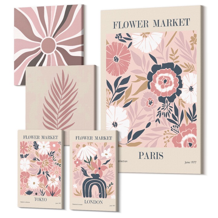 Set tablouri modulare, Wallfluent, modele florale, 5 piese, 20x30cm, 30x30cm, 40x60cm, multicolor