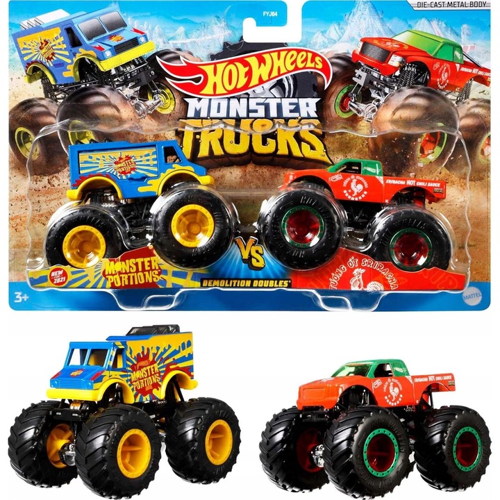 Set 2x Masinute Hot Wheels Monster Trucks 1:64, multicolor