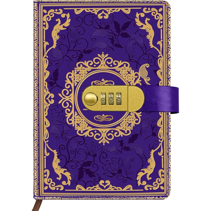 Caiet A5 cu 200 pagini, coperta din piele PU, inchidere cu lacat, violet