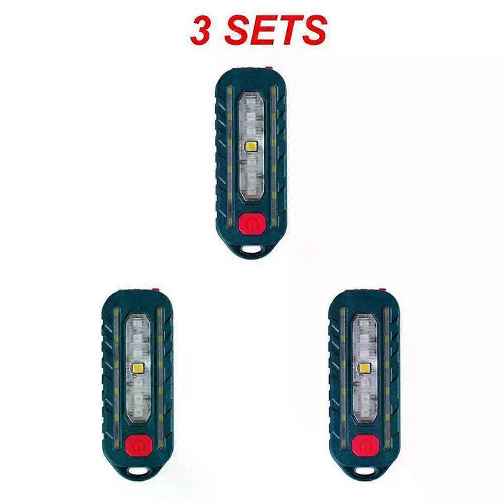 Lámpa Mini Taktikai Clip-pel, Piros és Kék Jelzőfénnyel, USB Újratölthető, 70x25x16mm, 3 darabos készlet