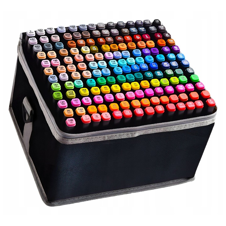 Set markere alcoolice TouchCool, 168 culori, 2 capete, rezistente la apa, etui cu separator