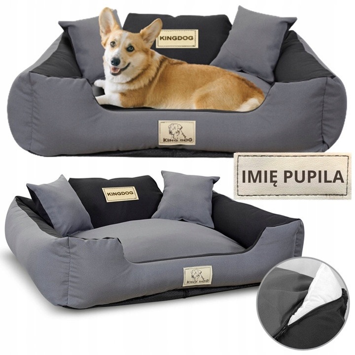 Culcus pentru caini KING DOG, cu 2 perne, gri inchis, 75x65cm, personalizat cu numele animalului de companie