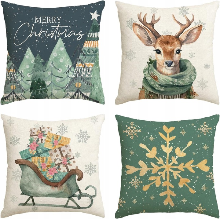 4 darab díszpárnahuzat készlet, poliészter, többszínű, karácsonyi mintával