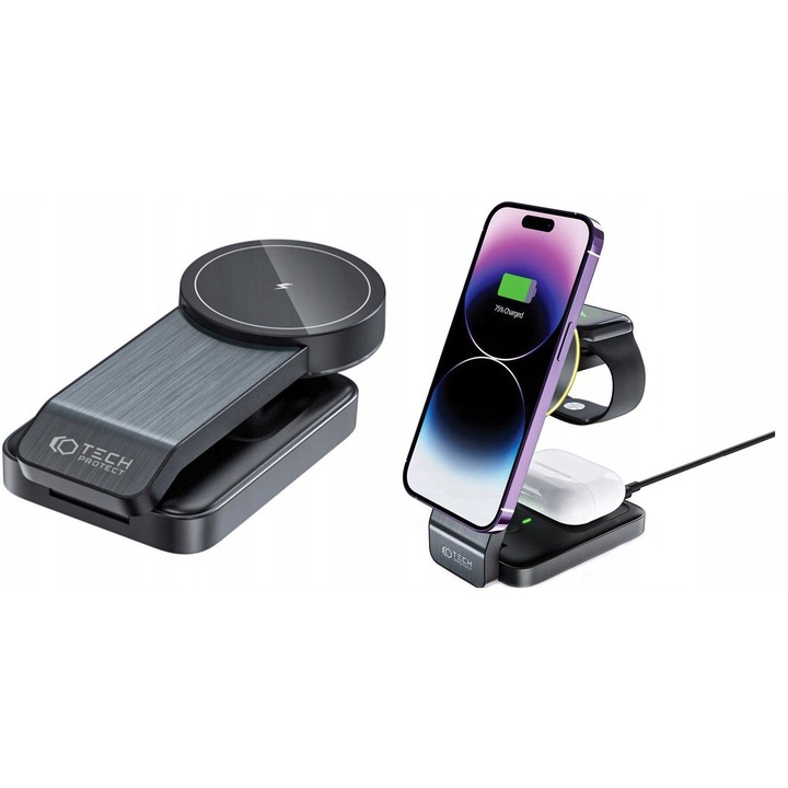 Incarcator wireless 3 in 1 Tech-Protect, compatibil cu Apple, design elegant, negru, portabil
