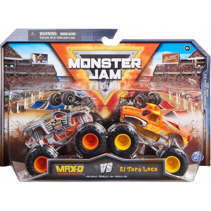 Monster Jam kisautó készlet, Max-D és El Toro Loco, 1:64, fém, 3 éves kortól
