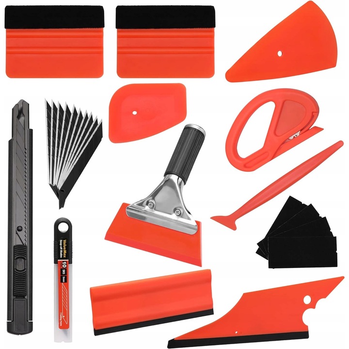 Set unelte pentru aplicarea foliilor auto, 2 raclete din fetru, racleta unghiulara, cutter cu 10 lame, diverse raclete din cauciuc si metal
