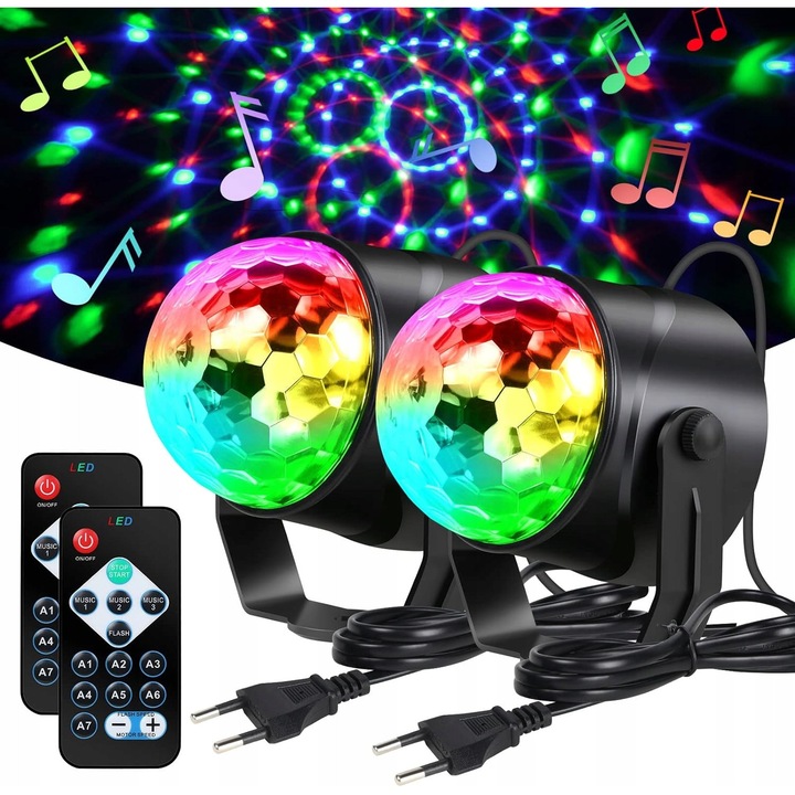 Set 2x Lampa Disco LED, URA, 7 culori, control prin telecomanda, dimensiuni mici