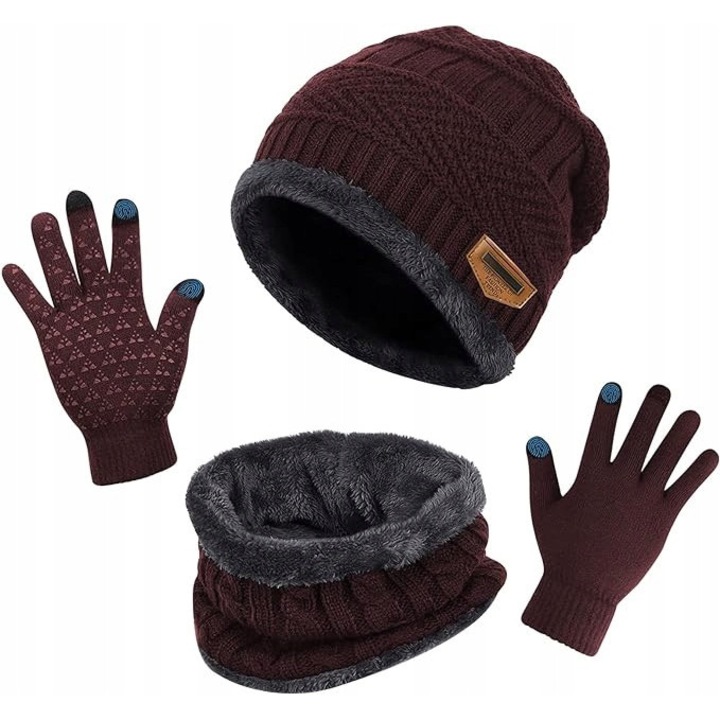 Set de iarna: caciula, fular si manusi, foarte calduros, bordo, dimensiune universala