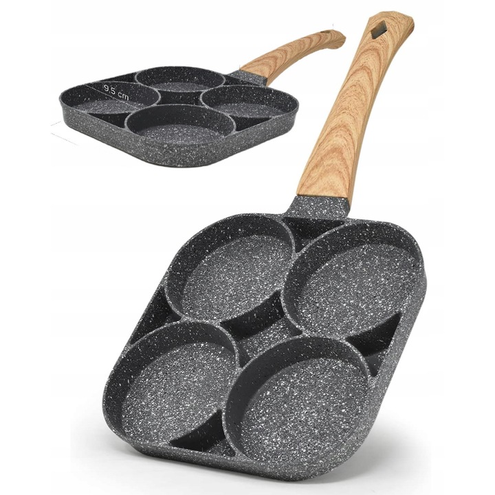 Tigaie din aluminiu cu 4 guri pentru oua si clatite, non-stick, granit, 35x19cm
