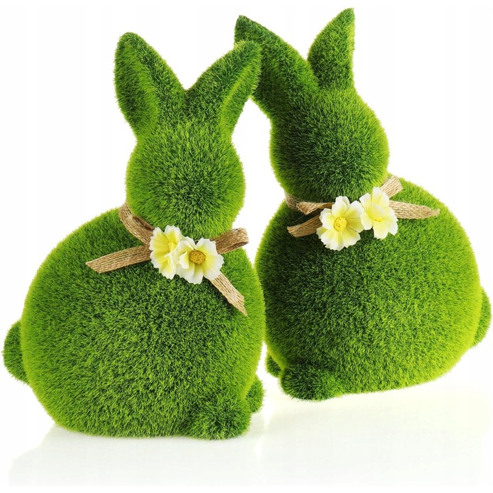 Set 2 Figurine Decorativa Iepurasi de Paste, Ceramica, Verde-Bej-Alb-Galben, 15x10x23cm