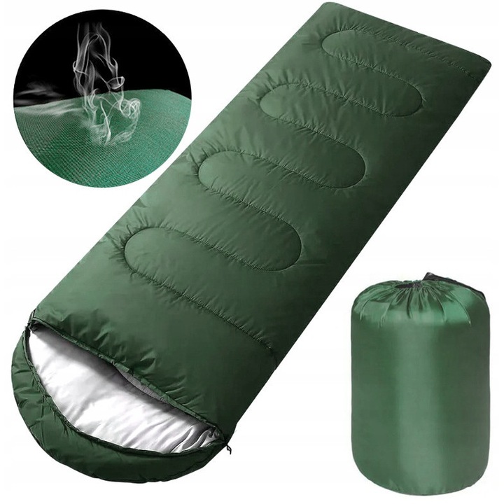 Спален чувал туристически 2в1, Maibang, Модел Гора, Покривало с качулка, Лек и топъл с хипоалергенен пълнеж, Водоустойчив полиестер, Идеален за къмпинг, бивак и трекинг, Включен практичен калъф, 210 x 75 см, Зелен