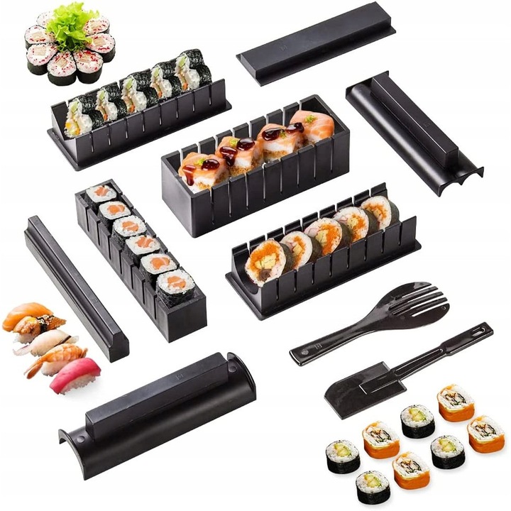 Set ustensile pentru preparat sushi, 10 piese, 8 forme diferite, plastic, multicolor