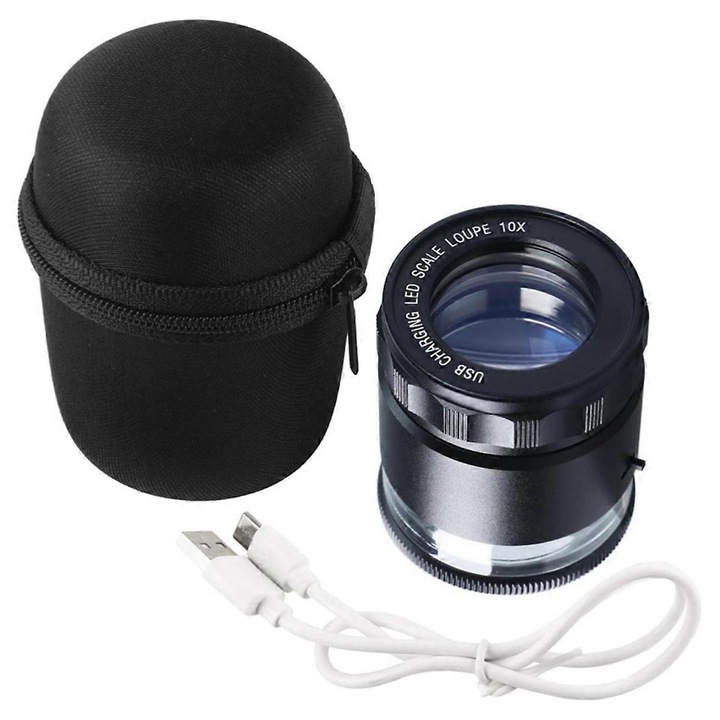 Lupa cilindrica cu iluminare 10x, neagra, cu 6 LED-uri, inclusiv cablu de date si geanta de depozitare