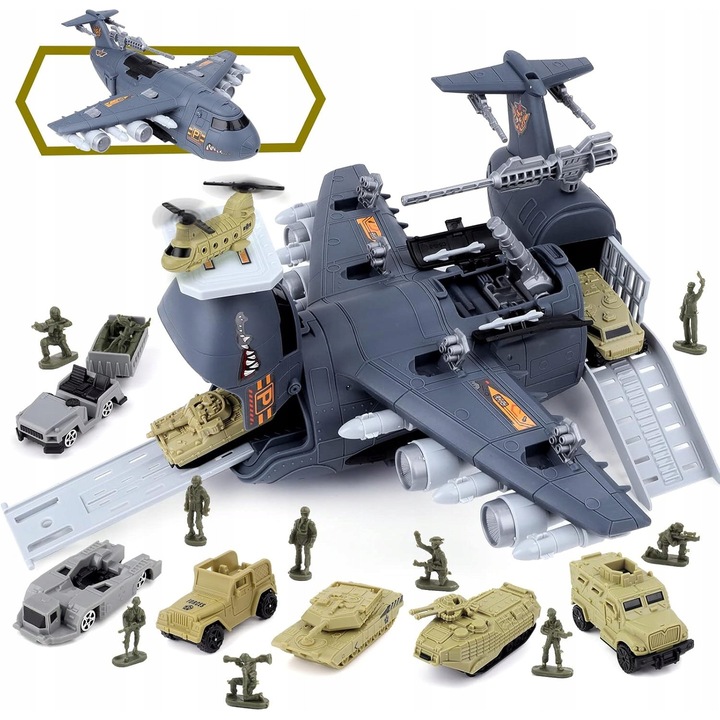 Set de constructie avion militar cu 1 avion, 1 elicopter, 9 vehicule militare, 10 figurine soldati, pentru copii 3+