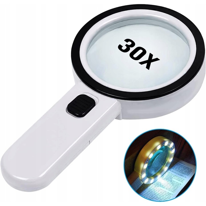 Lupa cu iluminare LED, 30x, pentru citit, fara marca, mobila, usor de utilizat
