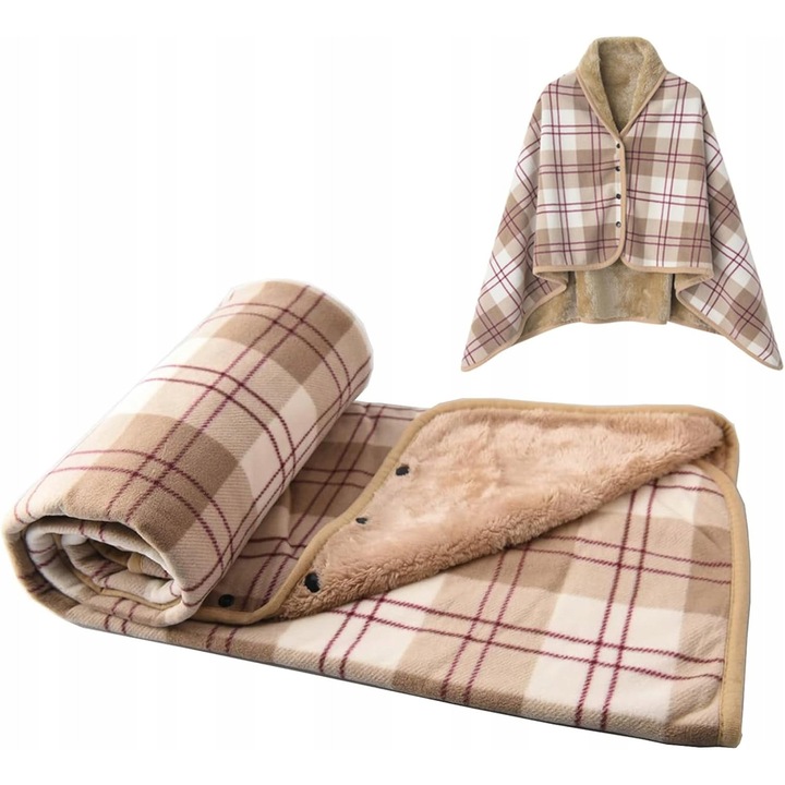 Patura poncho, 100x140 cm, material flanel, ideala pentru interior si exterior, maro