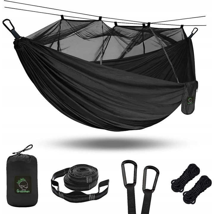 Hamac camping cu plasa impotriva insectelor, 275x140cm, pana la 226kg, set cu accesorii gratuite, negru