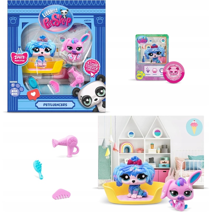 Figurine Littlest Pet Shop Petfluencer, set 2 piese, caine #48 si iepure #49, 5cm, accesorii sociale