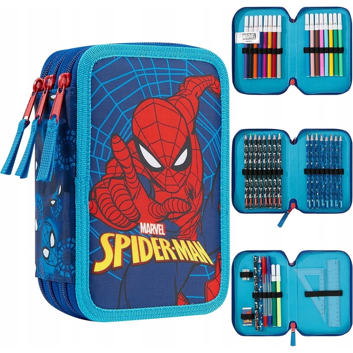 Несесер Спайдърмен, пълен комплект със 17 молива, 16 цветни химикалки, 2 химикалки, гумичка, острилка, молив HB, линийка, стандартни размери