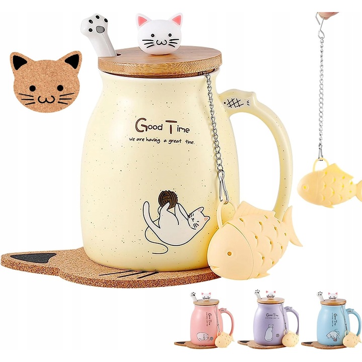 Set cana cu motan, 380ml, ceramica, cu lingura si suport pentru ceai