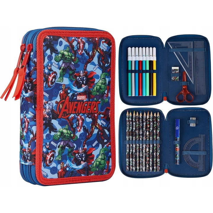 Felszerelt tolltartó, Marvel, 8 marker, 10 színes ceruza, többszínű