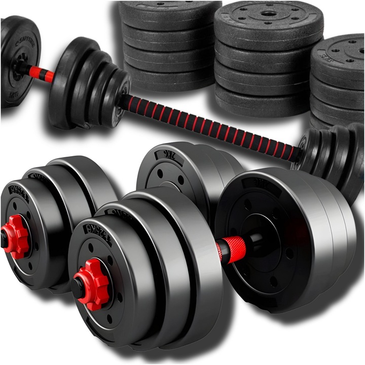 Set haltere reglabile 40kg, 2x20kg, 2x gryf scurt, 1x conector, 4x greutati 1,25kg, 4x greutati 2,5kg, 8x greutati 3kg