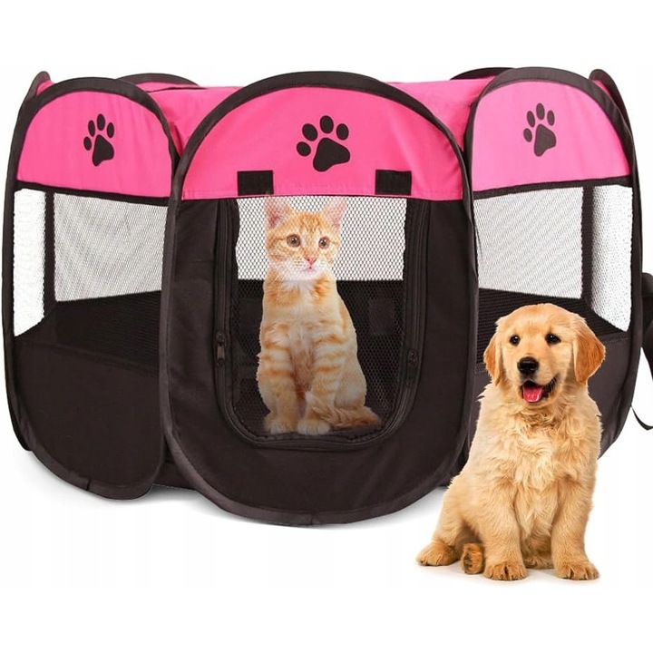 Összecsukható kisállat karám, 73x73x43 cm, 2 ajtó, kutyáknak és macskáknak, fekete/rózsaszín