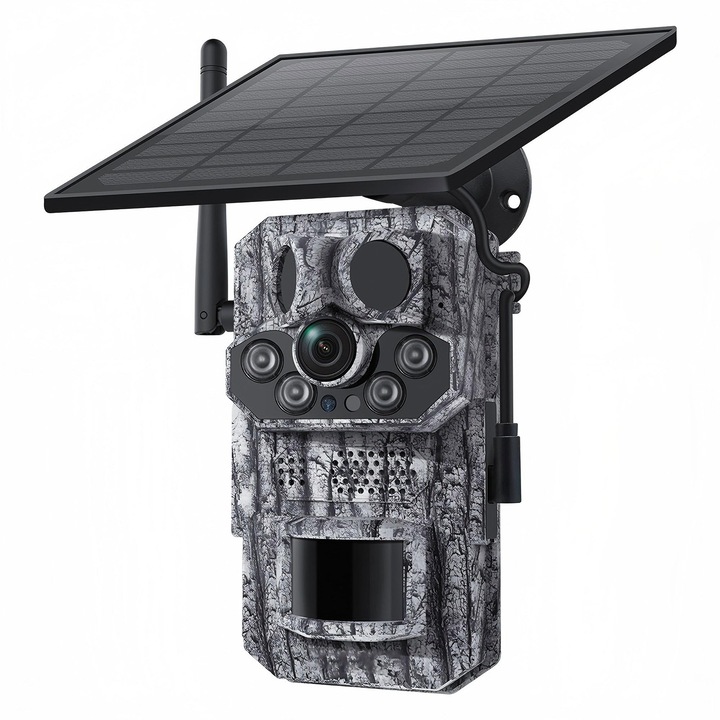 Camere de supraveghere solare, Camera de vanatoare, 4g, 3MP HD, Monitorizare live, Geolocatie GPS, Audio bidirectional, Viziune nocturna HD, Detectia miscarii PIR, IP66, 7800mAh, Card TF/Cloud, Oududianzi, ABS/PC, Camuflaj