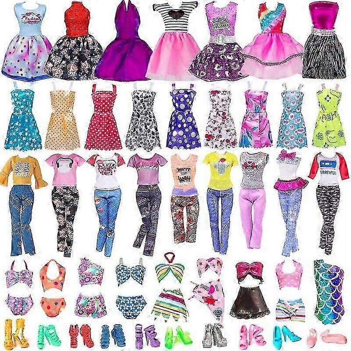 32 darabos babaruha és kiegészítő szett, partiruhák, fürdőruhák, cipők