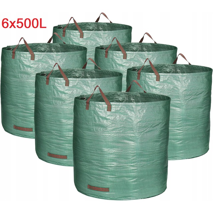 Set 6 saci pentru frunze, 500 L, polipropilena, 86x86 cm, verde