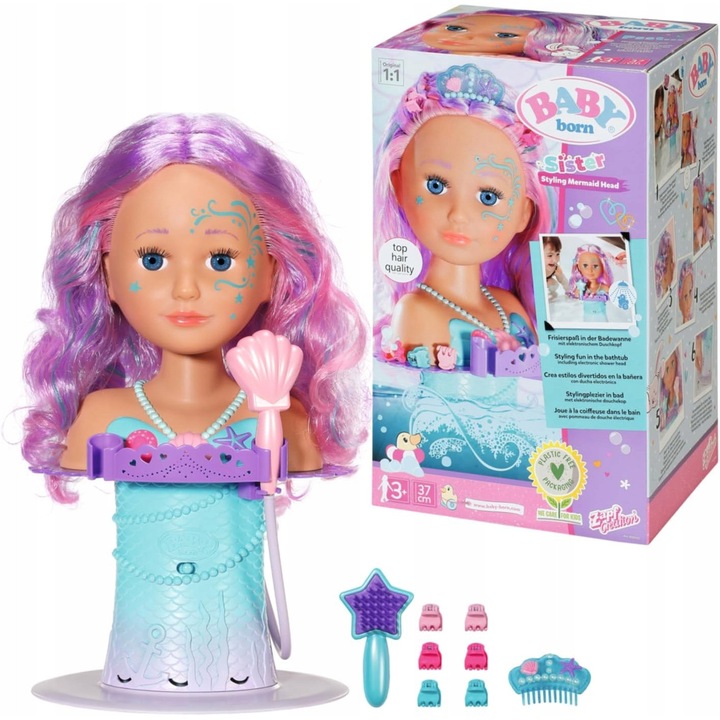 Cap de stilizare Baby Born, set cu perie in forma de stea, 6 elastice, mini tiara, pentru copii de la 3 ani, activitate in apa