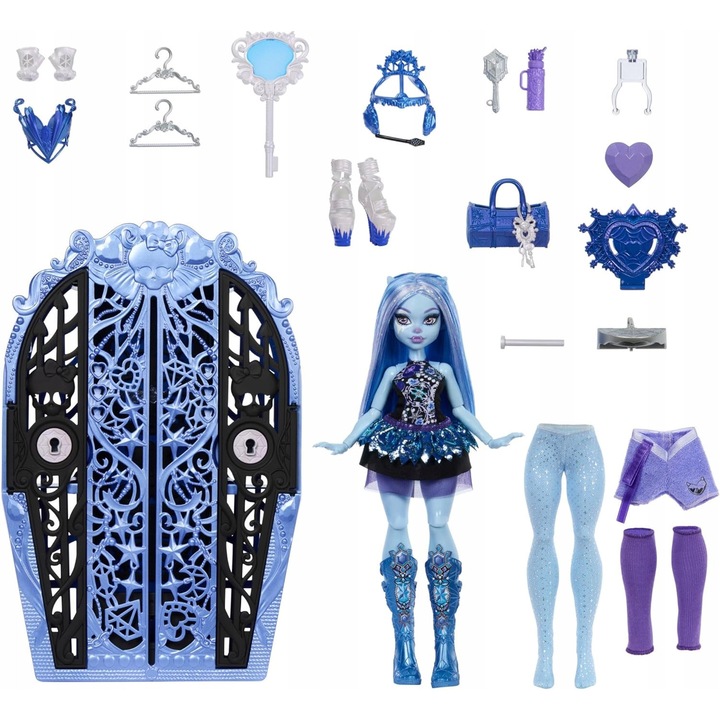 Set papusa Monster High Seria 4, Abbey Bominable, 19 surprize ascunse, accesorii, papusi