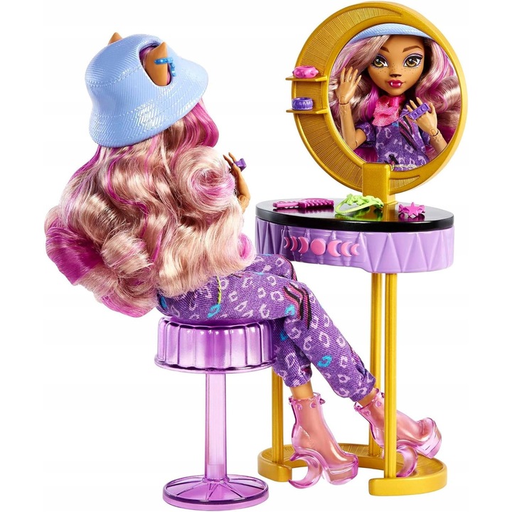 Set Monster High Clawdeen Wolf, 20+ accesorii, toaleta cu oglinda, 4 stilizari, multicolor