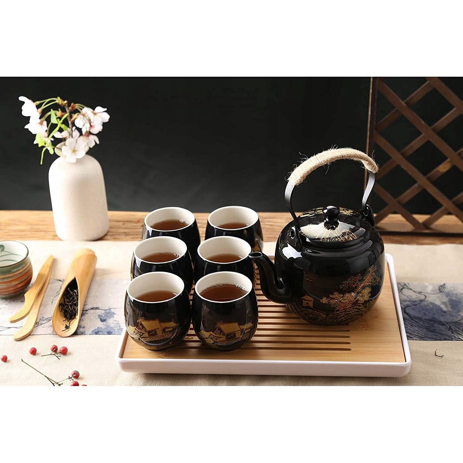Set de ceai japonez, 1 ceainic 820ml, 6 cani 180ml, tava