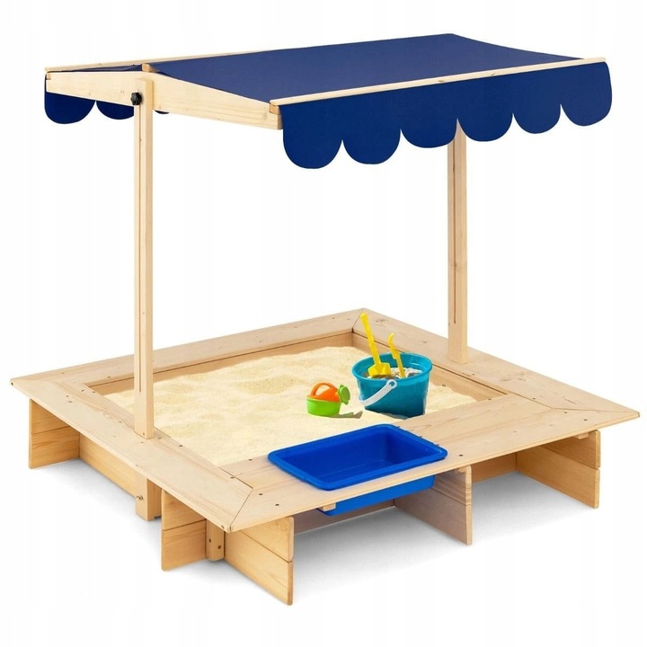 Lada din lemn cu acoperis, 115x115x121cm, capacitate 180kg, albastra, pentru 3-12 ani