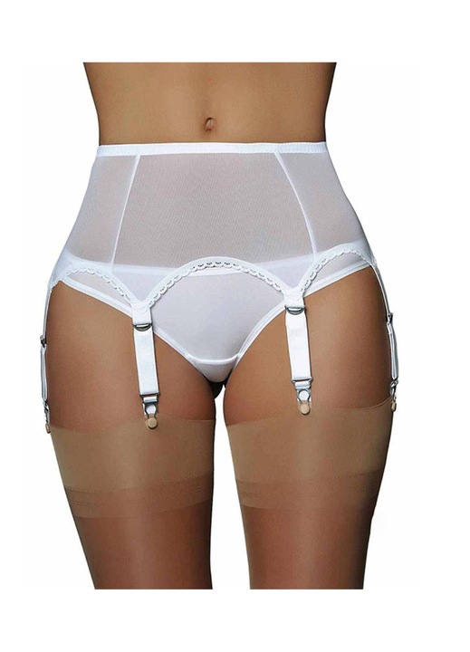 Секси, бял, регулируем колан за жартиери, с шест щипки, от пластмасов материал и мрежа