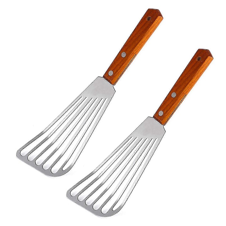 Spatula din otel inoxidabil, set 2 bucati, maner din lemn, 27.5x8.2x2cm, argintie