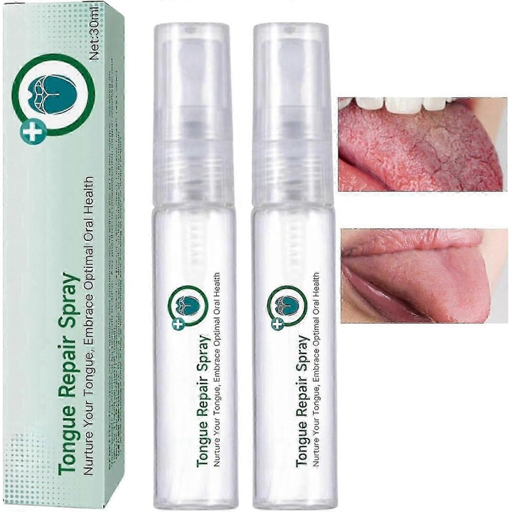 Spray pentru repararea limbii, set 2 buc, apa de gura pentru uscaciune si respiratie urat mirositoare, design mini, 30ml