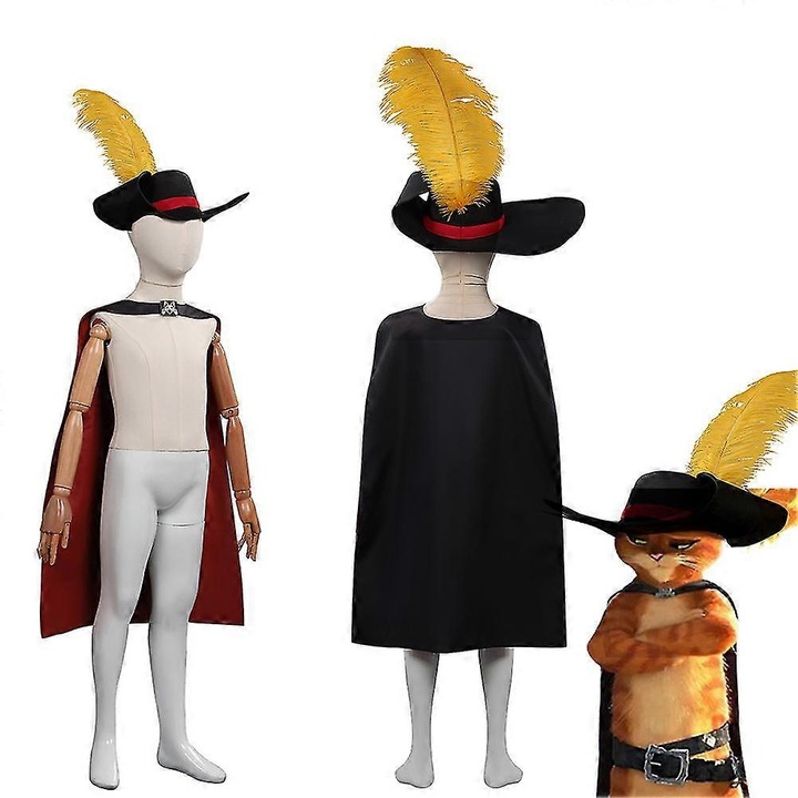 Костюм Котаракът в чизми, дебел материал, наметало и шапка, унисекс, за деца, S