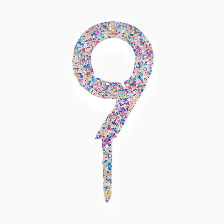 Decoratiune Topper pentru Tort, By Fitilomania, din Acrilic cu Fulgi de Sclipici, Model Cifra 9, Inaltime 18.5 cm, Transparent Multicolor