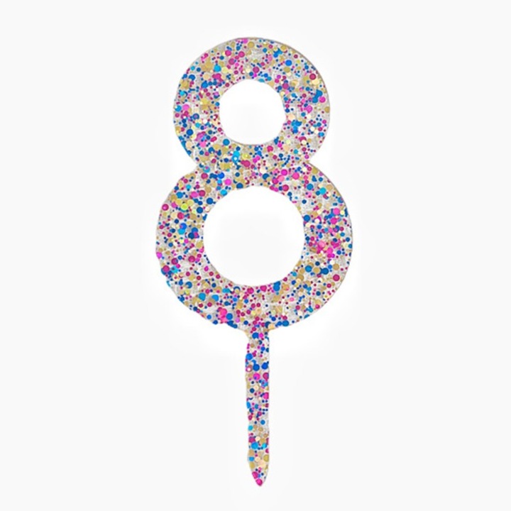 Decoratiune Topper pentru Tort, By Fitilomania, din Acrilic cu Fulgi de Sclipici, Model Cifra 8, Inaltime 18.5 cm, Transparent Multicolor