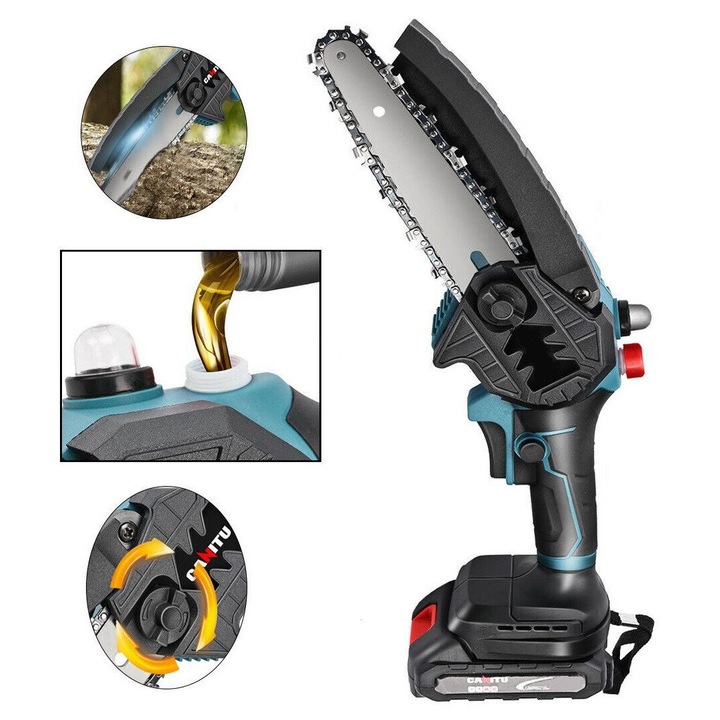 Мини верижен трион с 2 литиево-йонни батерии (със система за смазване)