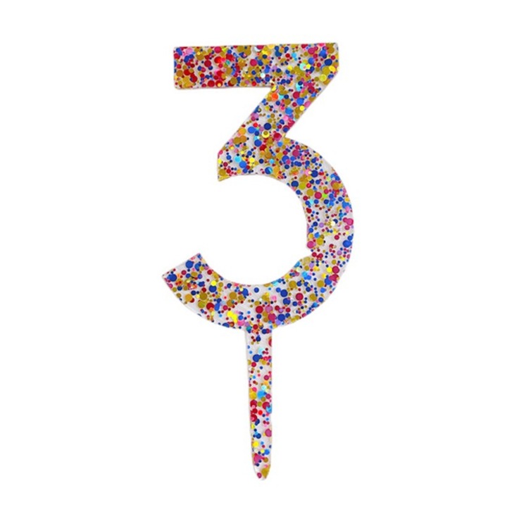 Decoratiune Topper pentru Tort, By Fitilomania, din Acrilic cu Fulgi de Sclipici, Model Cifra 3, Inaltime 18.5 cm, Transparent Multicolor