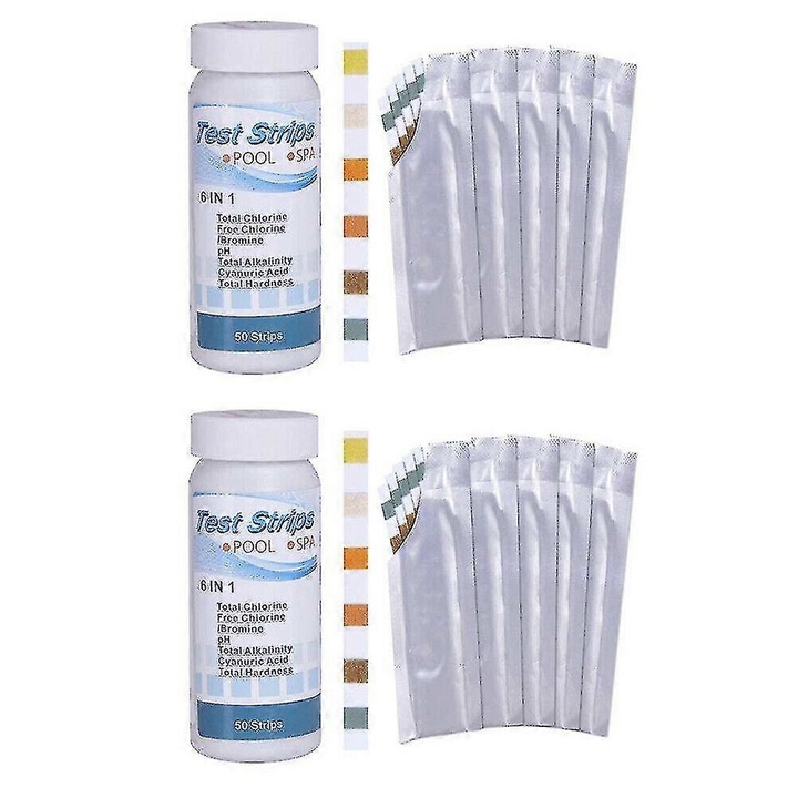 Тестови ленти 6-в-1 за басейн, 50 броя, pH, хлор, бром, 95x37 мм