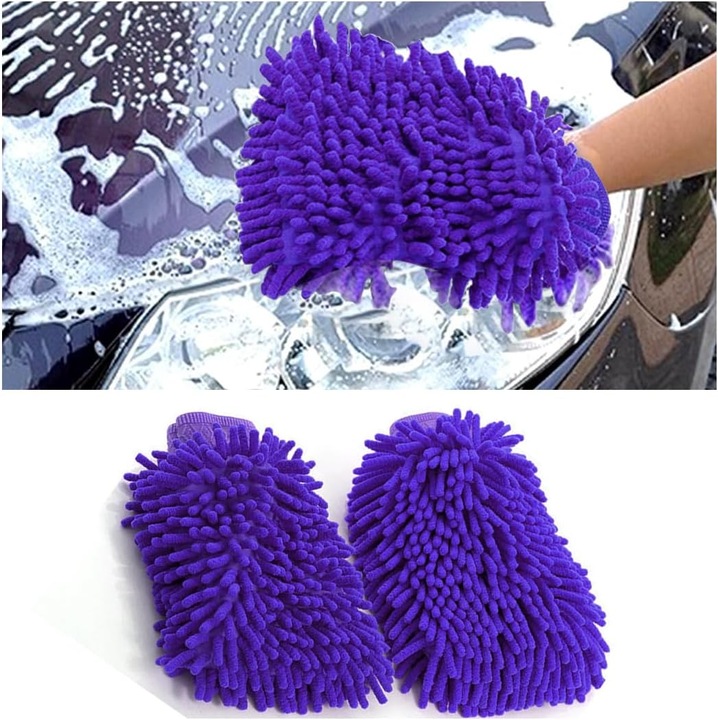 Manusi de spalat masina din microfibra, set de 2, design dublu fata, impermeabile, 8.6x7.1 inch, violet