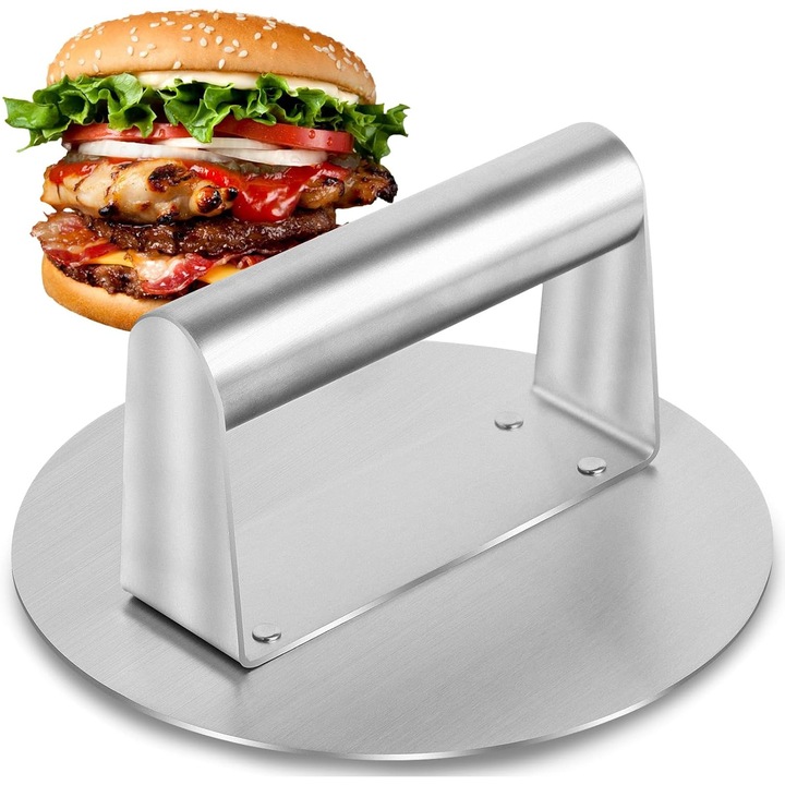 Presa si gratar pentru hamburgeri din otel inoxidabil, presa rotunda pentru hamburgeri de 16 cm (6") cu accesorii usor de curatat
