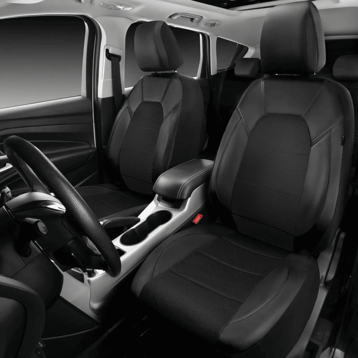 Huse auto din piele, set complet 8 piese, compatibile cu airbag, negru