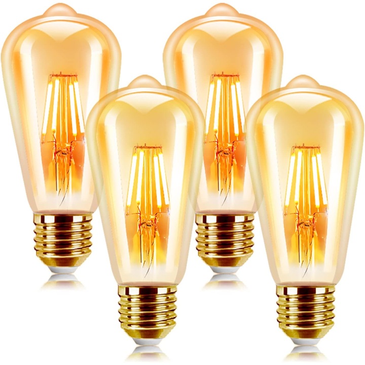 Becuri decorative LED vintage E27, 6W, 2200K, set de 4, alb cald, 600 lumeni